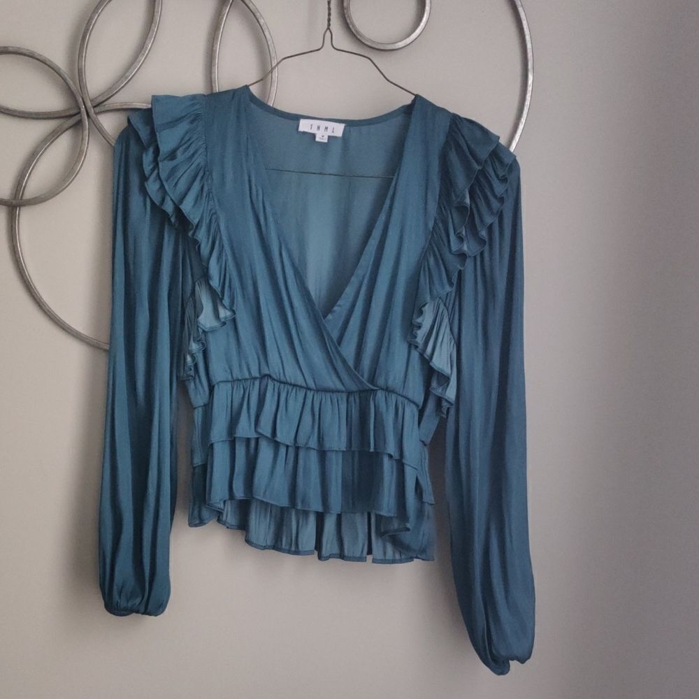 THML Elegant Teal Ruffle Blouse
